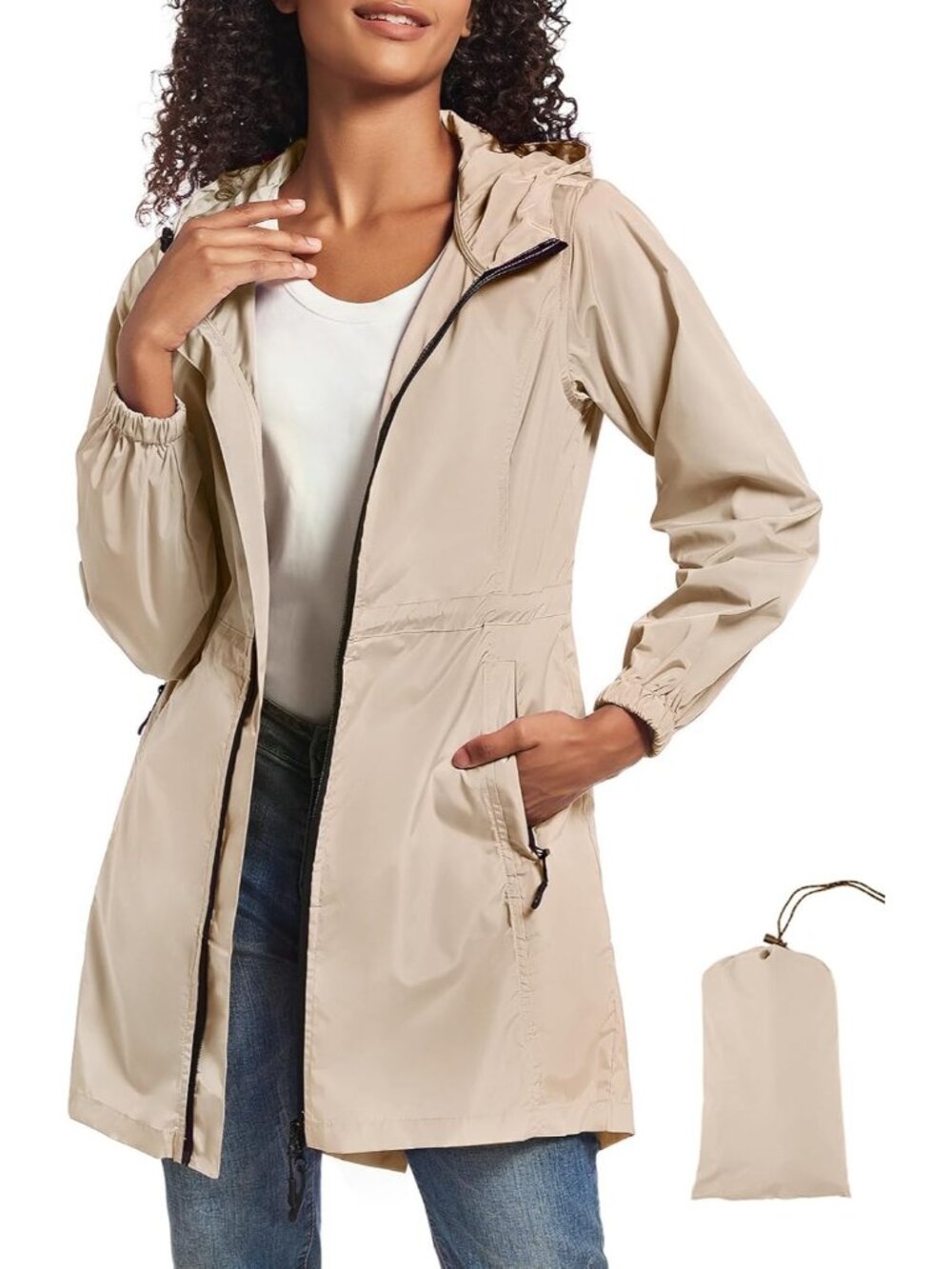 Women's Beige Hooded Waterproof Drawcord Waist Zip Pockets Packable Trench Coat